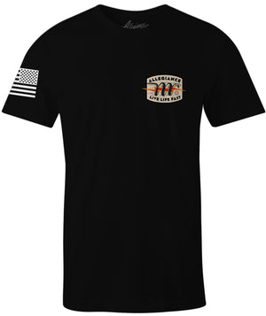 Front of Snake Bite Tee in black featuring small "Live Life Fast" chest graphic and American flag on the sleeve.