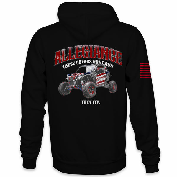 Back view of Allegiance They Fly Hoodie with patriotic UTV and These Colors Don’t Run graphic