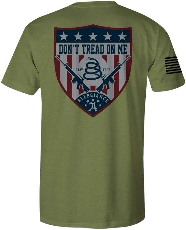 Back of Don't Tread Shield Premium Tee in OD Green featuring large Don't Tread Shield graphic