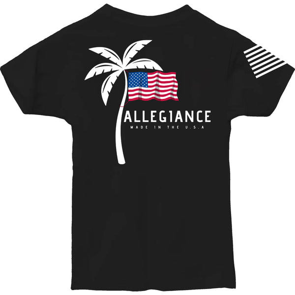 Black Vibe Youth Tee back with palm tree and American flag design from Allegiance Clothing Black Vibe Youth Tee back with "Allegiance" logo and "Made in the USA" text from Allegiance Clothing
