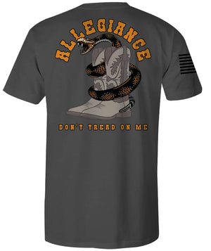 Back of Western Premium Tee in dark charcoal featuring large coiled rattlesnake and boots with Allegiance and “Don’t Tread On Me”