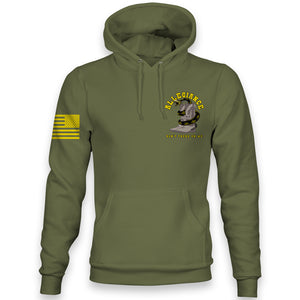 Front view of the OD Green Allegiance Western Hoodie with small chest boot and snake design