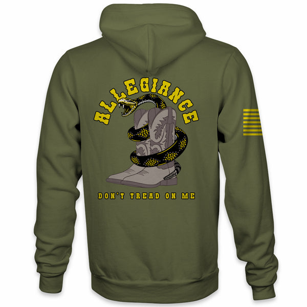 Back view of the OD Green Allegiance Western Hoodie with cowboy boot rattlesnake and Don’t Tread On Me graphic