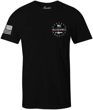 Front of Combat Back Hit Tee in black with small chest graphic and American flag sleeve print
