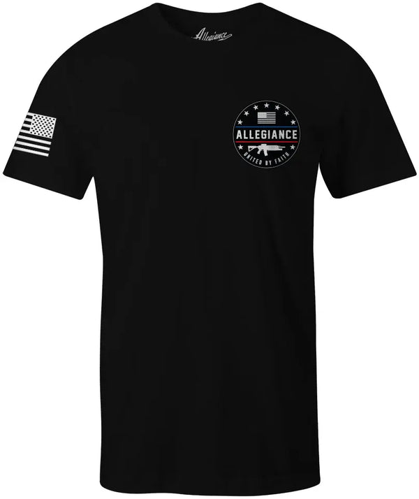 Front of Combat Back Hit Tee in black with small chest graphic and American flag sleeve print