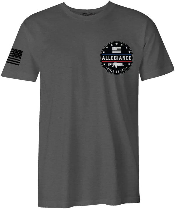 Front of Combat Premium Tee in Dark Charcoal with small chest graphic and American flag sleeve print