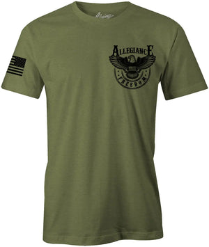 Front of Freedom Eagle Premium Tee in OD Green featuring small Freedom Eagle chest graphic and American flag on the sleeve.