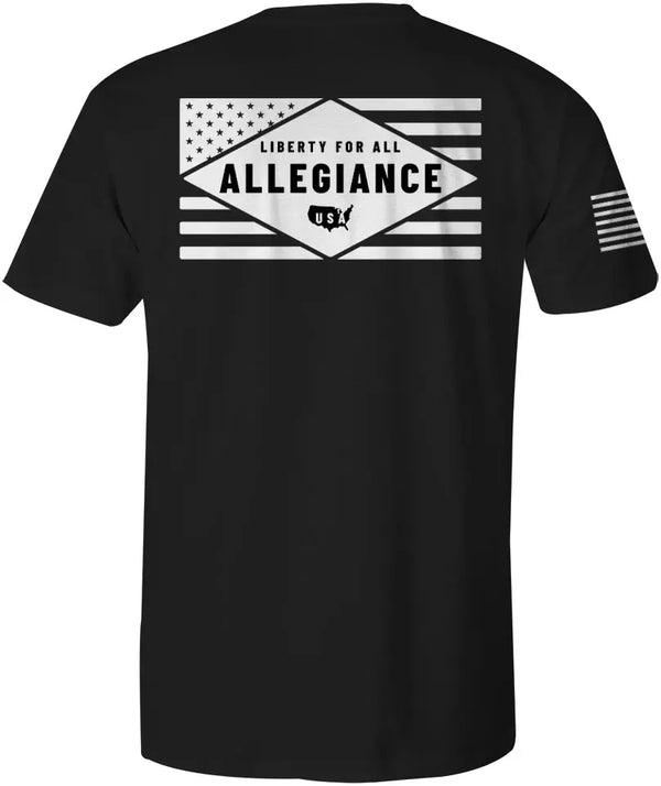Front of Freedom Premium Tee in black with small chest graphic and American flag sleeve print