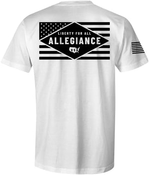 Front of Freedom Tee in white with small chest graphic and American flag sleeve print