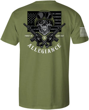 Back of Last Out Premium Tee in OD Green featuring large Last Out logo graphic