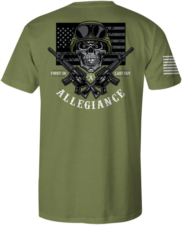 Back of Last Out Premium Tee in OD Green featuring large Last Out logo graphic