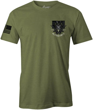 Front of Last Out Premium Tee in OD Green with small chest graphic and American flag sleeve print