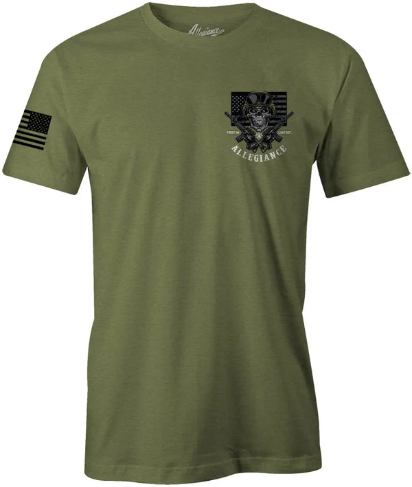 Front of Last Out Premium Tee in OD Green with small chest graphic and American flag sleeve print
