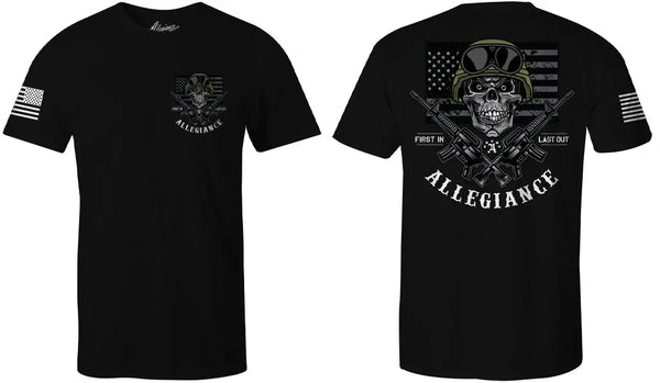 Side-by-side view of the black Last Out Tee showing the small front chest graphic and large back logo design with American flag sleeve print
