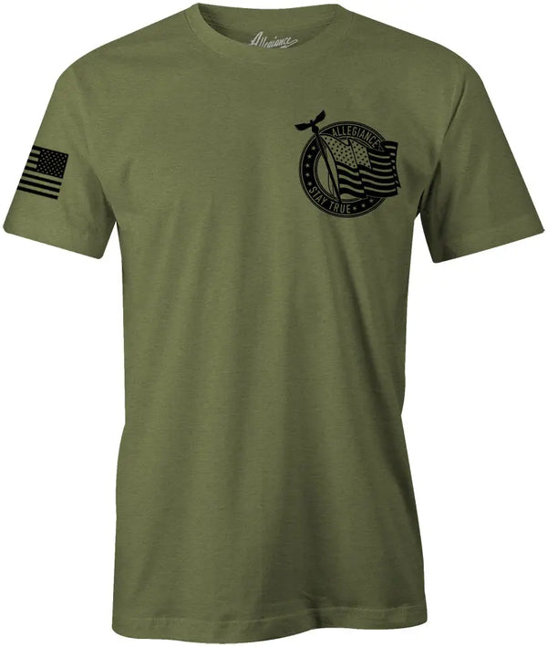 Front of Pledge Premium Tee in OD Green featuring small Pledge chest graphic and American flag on the sleeve.