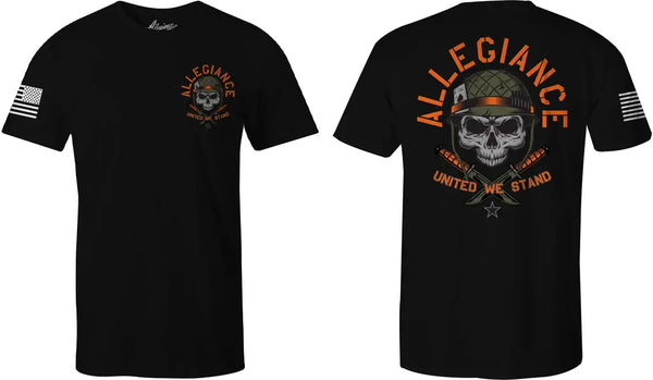 Flat lay of Spade Tee in black showing full front and back design with patriotic sleeve detail