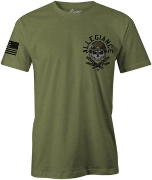 Front of Spade Premium Tee in OD Green with small chest graphic and American flag sleeve print