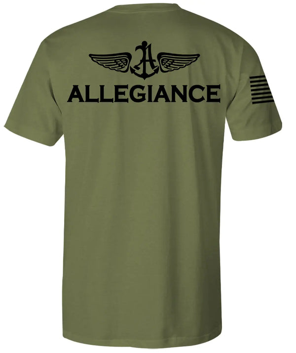 Back view of Brentling Premium Tee in OD green with large Allegiance anchor and wing logo