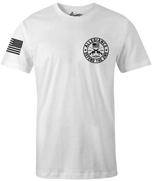 Front of Defend The 2nd Classic Tee in white with chest print and sleeve flag