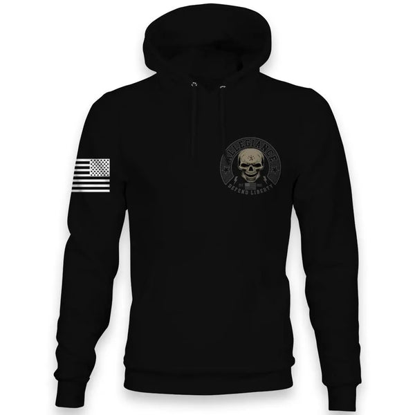 Front view of Allegiance Defender Hoodie with small chest skull crest design