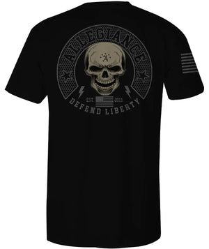 Back of Defender Tee in black featuring large Defender graphic with bold patriotic theme