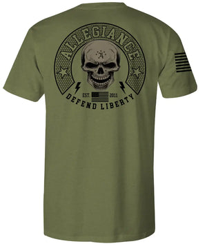 Back of Defender Premium Tee in OD Green featuring large Defender logo graphic