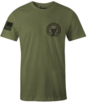 Front of Defender Premium Tee in OD Green with small chest graphic and American flag sleeve print