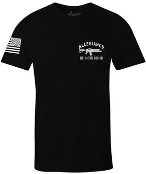 Front of Dishonor Tee in black with small chest graphic and American flag sleeve print