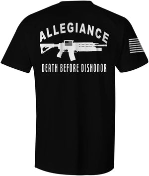 Back of Dishonor Tee in black featuring large “Death Before Dishonor” and rifle graphic