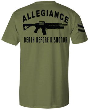 Back of Dishonor Premium Tee in OD Green featuring large “Death Before Dishonor” and rifle graphic