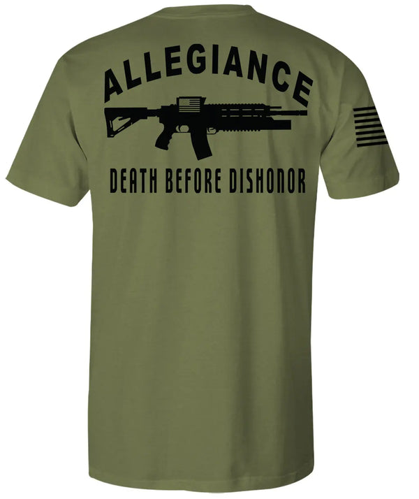 Back of Dishonor Premium Tee in OD Green featuring large “Death Before Dishonor” and rifle graphic