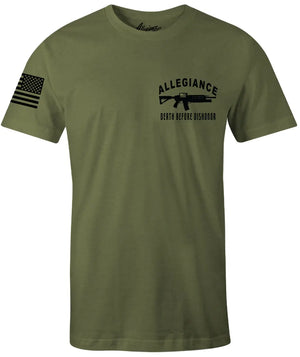 Front of Dishonor Premium Tee in OD Green with small chest graphic and American flag sleeve print