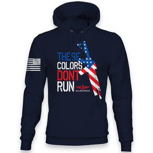Navy Don’t Run Hoodie with rifle silhouette and patriotic flag design