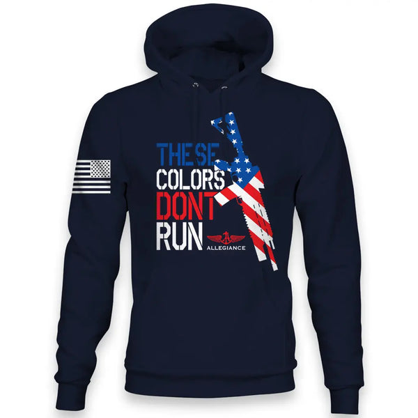 Navy Don’t Run Hoodie with rifle silhouette and patriotic flag design