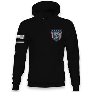 Front view of Allegiance Don’t Tread Shield Hoodie with small chest shield design