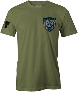 Front of Don't Tread Shield Premium Tee in OD Green with small chest graphic and American flag sleeve print
