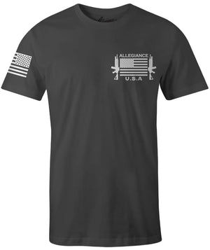 Front of Gunner Flag Premium Tee in charcoal featuring mini rifle and flag design with "Allegiance U.S.A" text