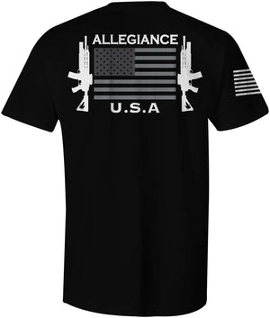 Back of Gunner Flag black tee with rifles and American flag design, Allegiance text above and U.S.A below