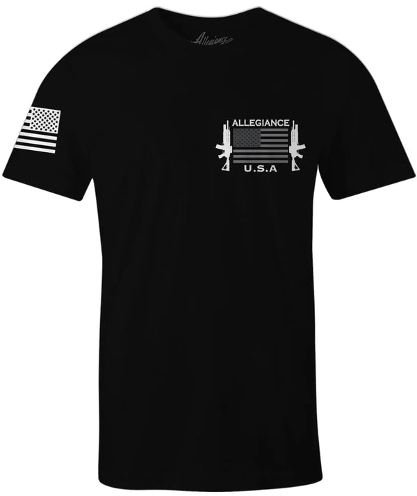 Front of gunner flag black tee with small rifles and flag graphic over chest