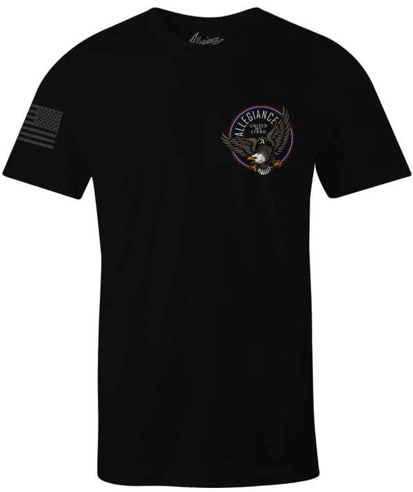 Front of Navigator Tee in black with small chest graphic and American flag sleeve print