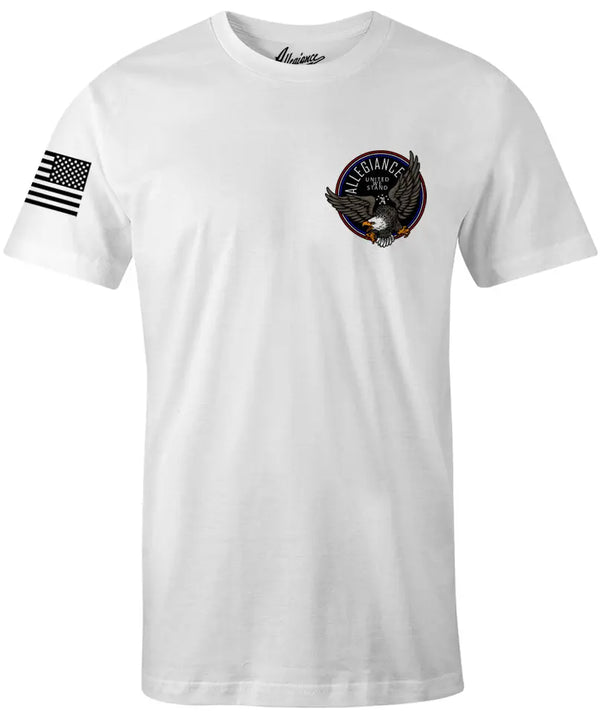 Front of Navigator Tee in white with small chest graphic and American flag sleeve print