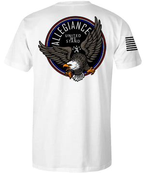 Back of Navigator Tee in white featuring large eagle graphic with "Allegiance" and "United We Stand" text