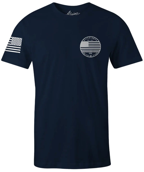 Front of Patriot Premium Tee in navy with small Patriot logo and sleeve flag detail