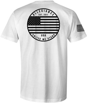 Back of Patriot Tee in white featuring large Patriot logo graphic