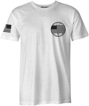 Front of Patriot Tee in white with small chest logo and American flag sleeve print