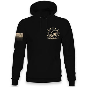 Front view of Allegiance Revolution Hoodie with small chest 1776 skull design