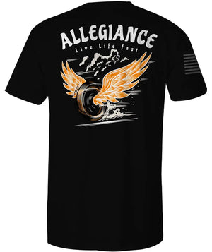 Black Wheelin' Tee featuring large flaming tire burnout graphic with bold wings and 'Live Life Fast' text.