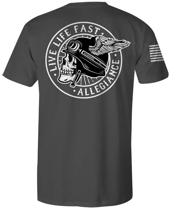 Back of Winged Premium Tee in dark charcoal featuring large skull with pilot helmet, outstretched wings, and “Live Life Fast – Allegiance” text.